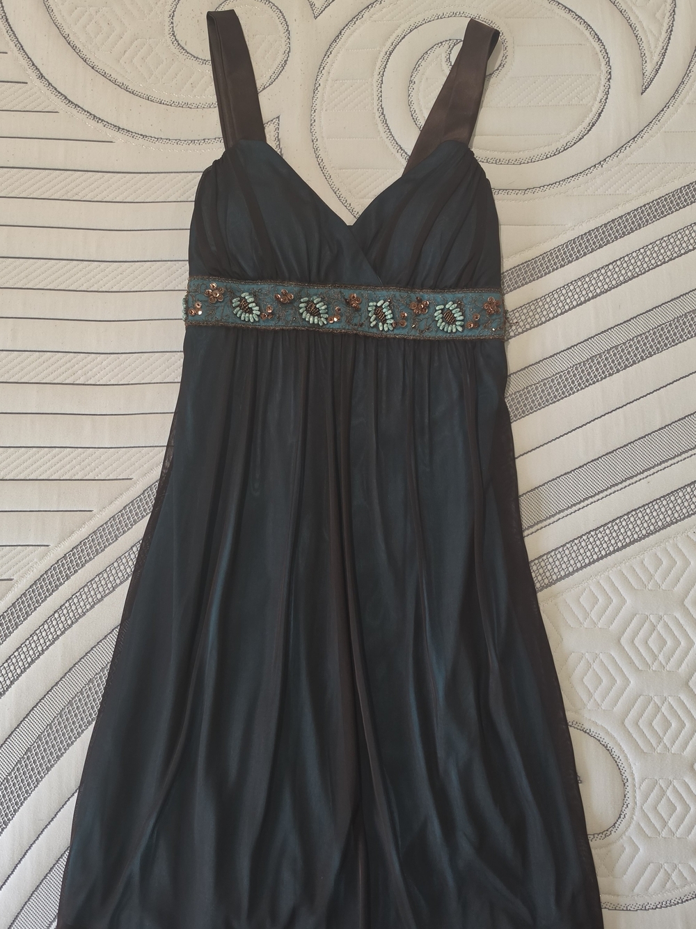 Taboo Teal Sleeveless Beaded-Empire Midi Dress